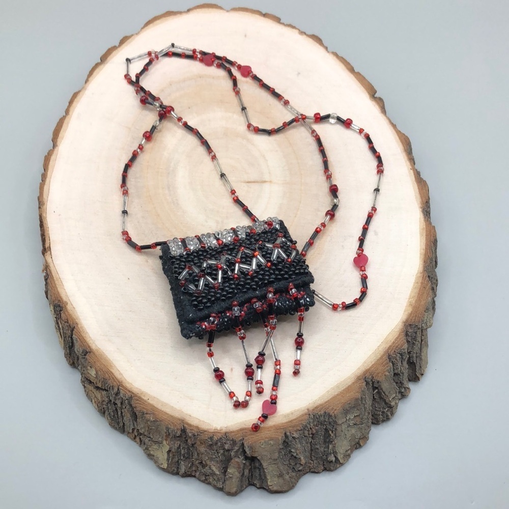 Handmade artisan coin pill purse beaded necklace arts and crafts boho